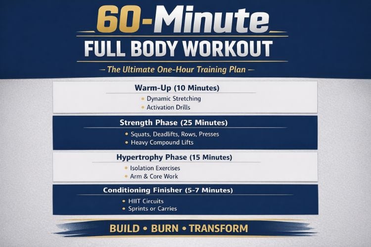60-minute full body workout infographic with time blocks for warm-up, strength, cardio, and cool-down.