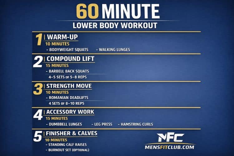 Infographic showing the exercise splits for a 60 minute lower body workout schedule.
