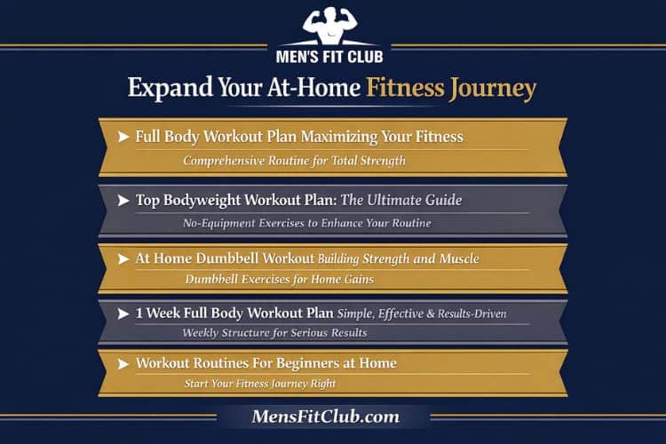 Infographic showing a 5-step full body compound workout at home circuit including squats, push-ups, and rows.