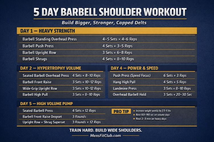 Infographic showing barbell exercises for a 5 day shoulder workout plan.