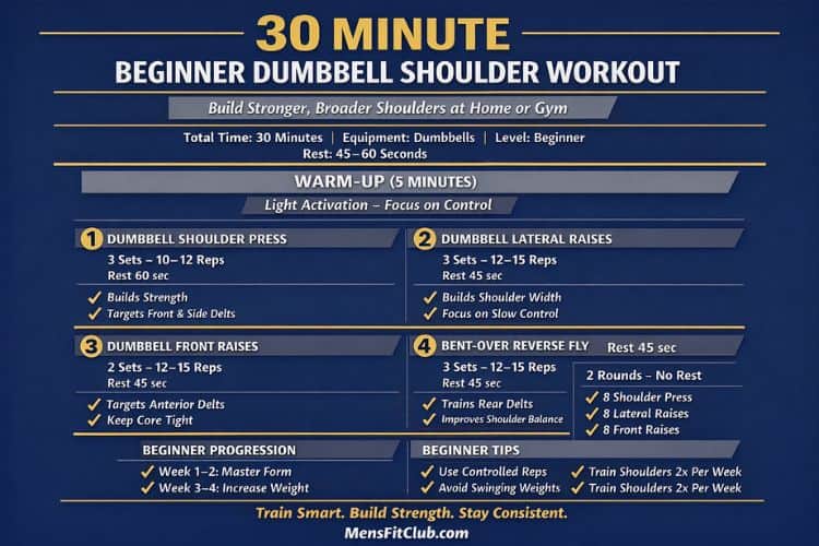 Infographic of 30 minute beginner dumbbell shoulder workout set and reps.