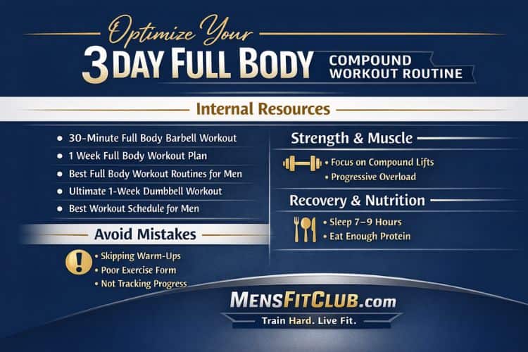 3 day full body compound workout routine split chart showing Monday Wednesday Friday schedule.