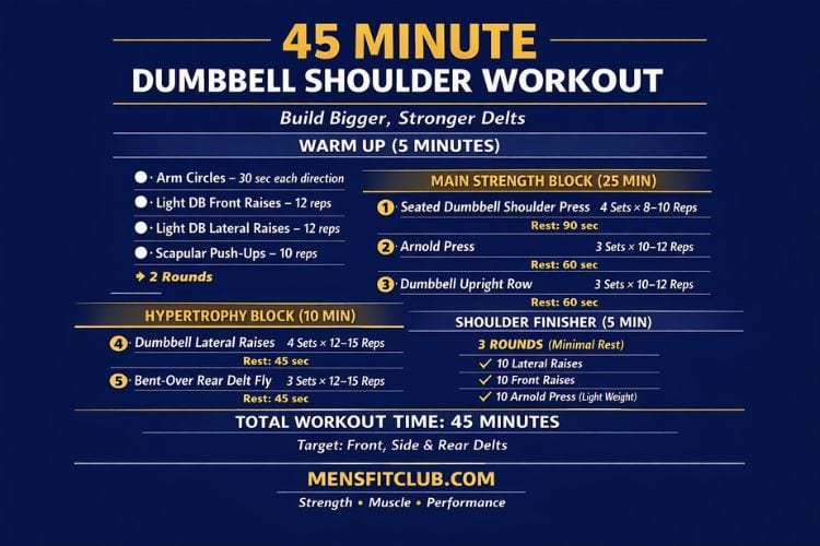 Infographic of 45 minute dumbbell shoulders workout set and reps.