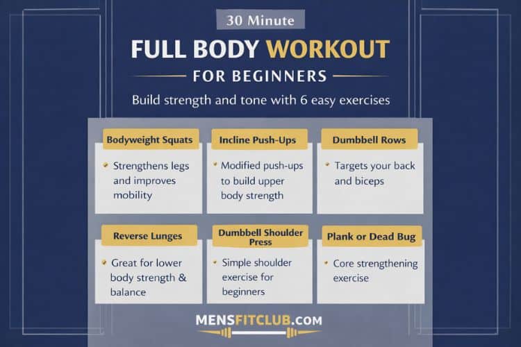 Printable checklist for a 30 minute full body workout for beginners with easy exercises.