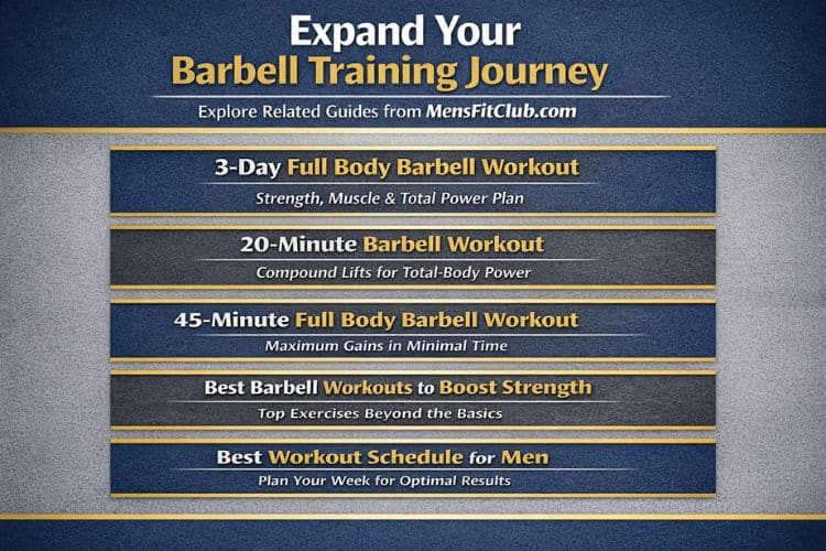 Printable full body barbell workout plan chart showing sets, reps, and rest times for squats, bench press, and deadlifts.