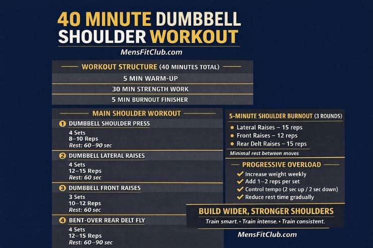 Infographic of 40 minute dumbbell shoulders workout set and reps.