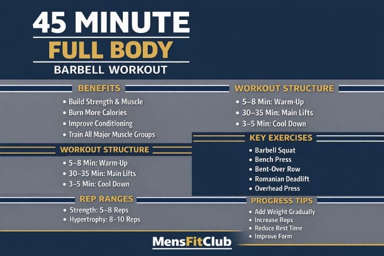 Proper form for the barbell bent-over row, exercise 3 in the 45-minute full body workout circuit.