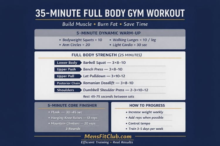 Infographic showing barbell squat, bench press, and bent over row for 35 minute full body gym workout plan routine.