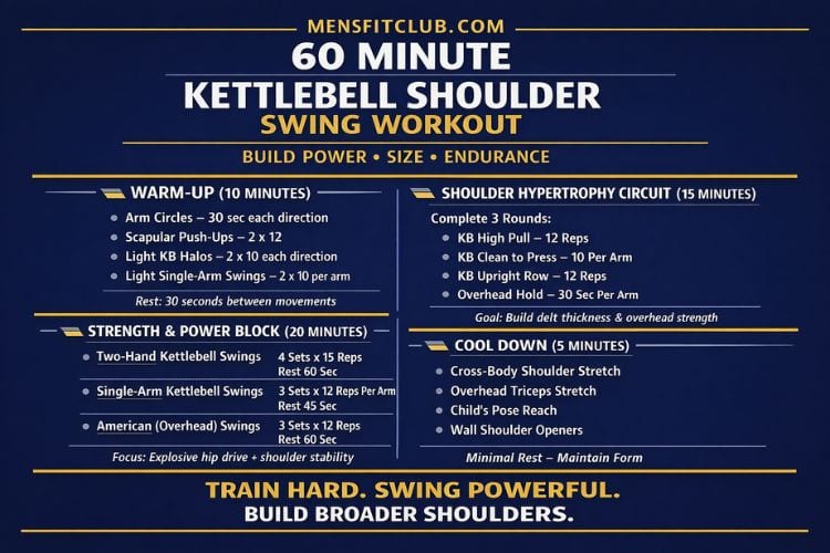 Infographic of 60 minute kettlebell shoulder swing workout set and reps.