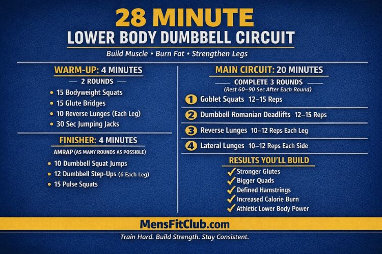Infographic of 28 minute lower body dumbbell circuit set and reps.