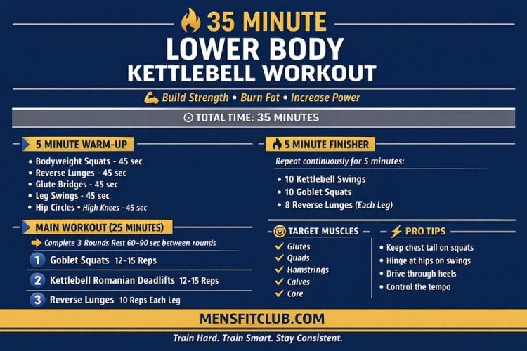 Infographic of 35 minute lower body kettlebell workout set and reps.