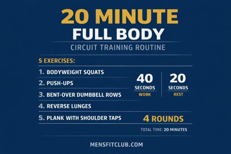 Infographic layout of a 20 minute full body circuit training routine featuring exercises with rest periods.