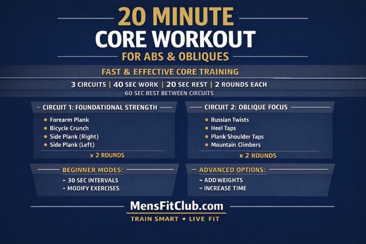 Infographic showing a circuit for a 20 minute core workout for abs and obliques with sets and reps.