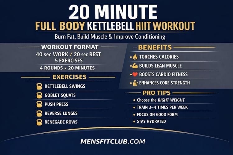Infographic showing a 20 minute full body kettlebell HIIT workout with sets and reps.