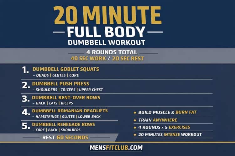 Infographic showing a 20 minute full body dumbbell workout workout with sets and reps.