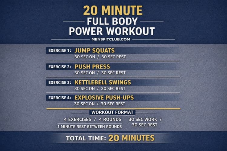 Infographic showing exercises in a 20-minute full body power workout circuit, including lunges, presses, and rows for total body conditioning.