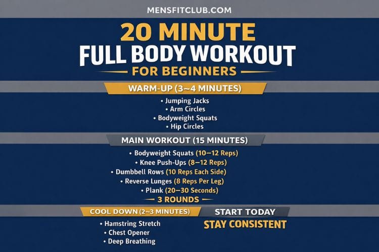 Infographic exercises included in a 20 minute full body workout for beginners squats, wall push-ups, lunges, and planks.