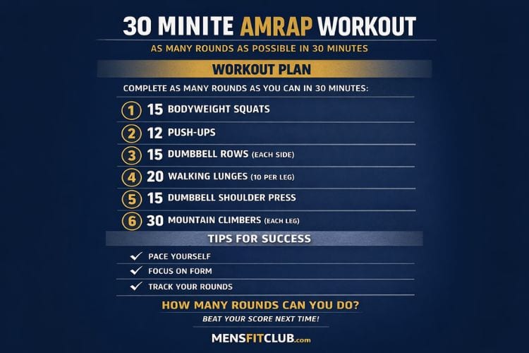 Infographic showing the circuit structure for an 30 minute AMRAP workout indicating As Many Rounds As Possible in a 30-minute time frame.
