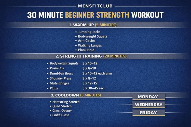 Infographic of 30 minute beginner strength workout set and reps.