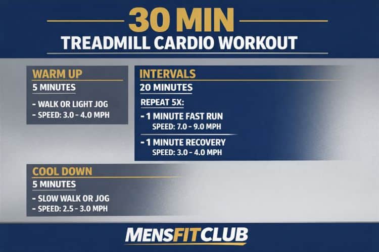 infographic of 30 minute treadmill cardio workout including warm up, intervals, and cool down.