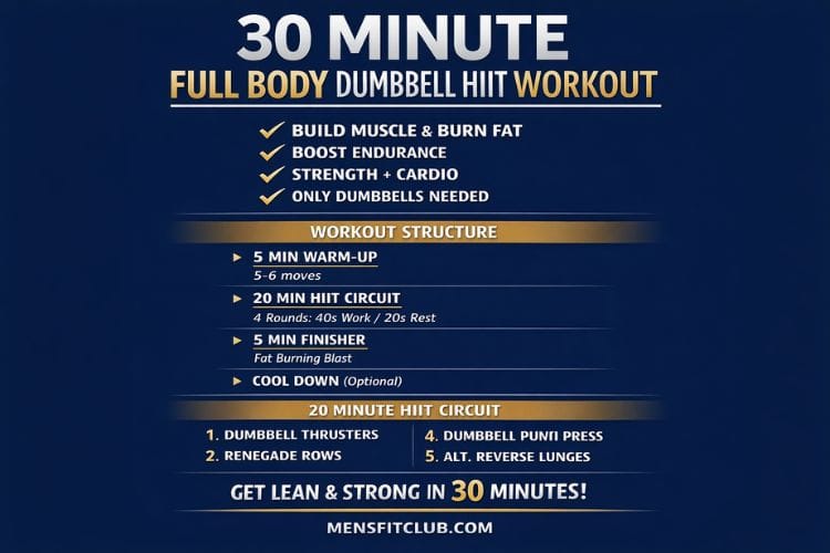Infographic of 30 minute full body dumbbell HIIT workout set and reps.