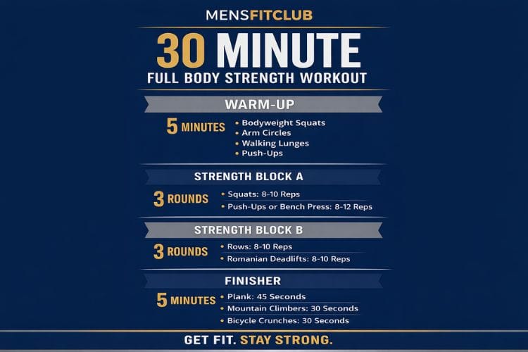 Infographic of 30 minute full body strength training workout set and reps.