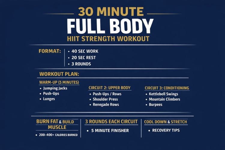 Infographic of 30 minute full body HIIT strength workout set and reps.