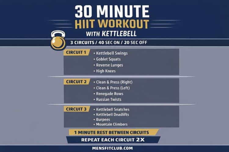 Infographic detailing a 30-minute HIIT workout circuit with a single kettlebell.