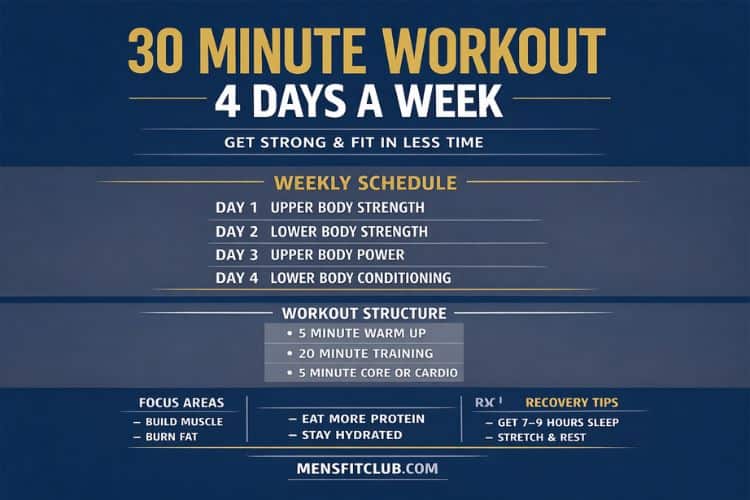 Infographic showing a 4-day a week workout split with 30-minute sessions including upper body, lower body, and full body days.