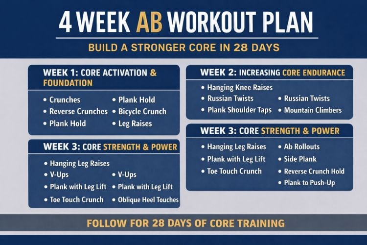 Infographic workout calendar for a 4 week ab workout challenge plan showing daily core exercises.