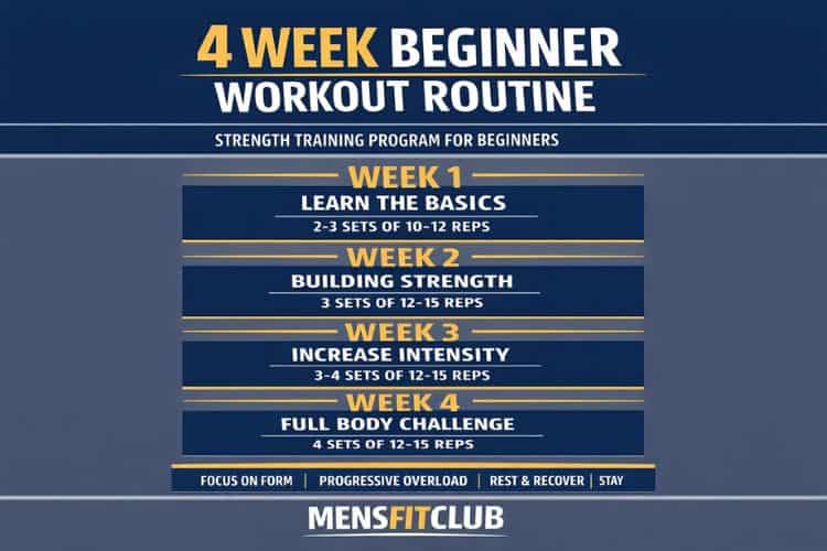 Infographic Overview of the 4 week beginner workout routine showing rest days and activation.