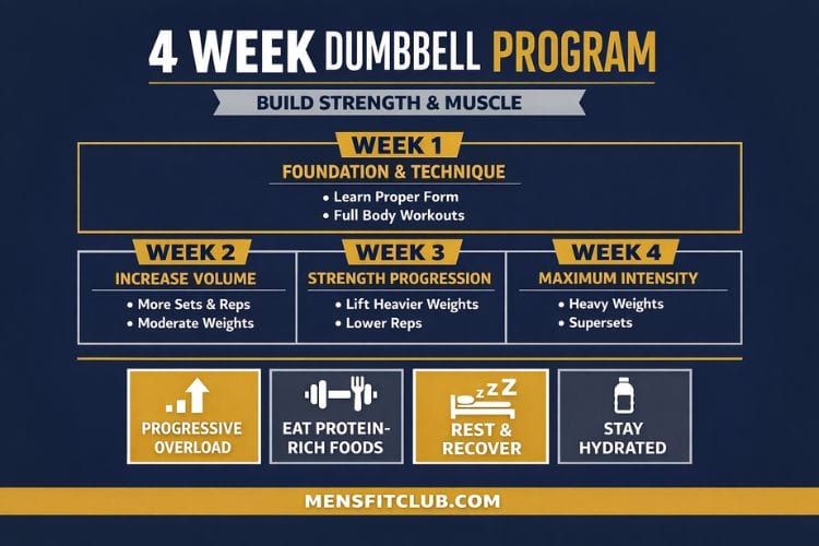 Infographic schedule for a 4-week dumbbell program, showing workout days for each week to build muscle and track progress.