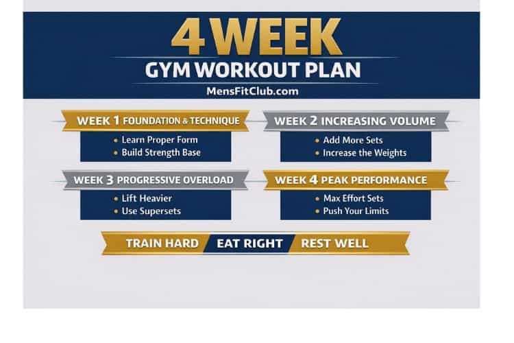 Infographic visual guide showing the weekly split for a 4 week gym workout plan including push pull legs and rest days.