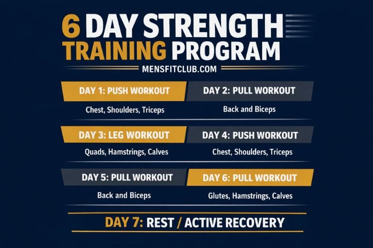 6 day gym workout schedule Push Pull Legs split chart for strength training and muscle growth program.