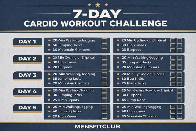 infographic of 7 day cardio workout challenge showing daily exercises and checkboxes