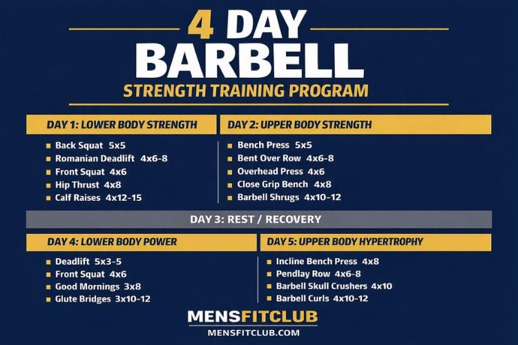 Infographic showing a circuit for a 4 day barbell only strength training program with sets and reps.