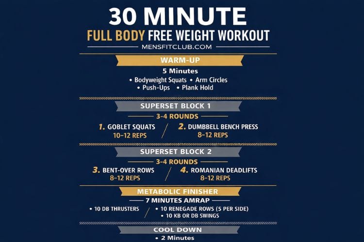 Infographic showing a circuit for a 30 minute full body free weight workout with sets and reps.