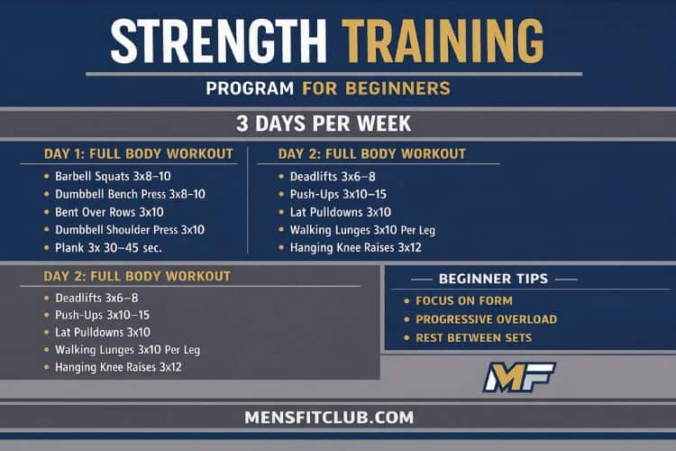 Infographic showing the five essential compound lifts for beginners strength training program: squat, deadlift, bench press, overhead press, and row.