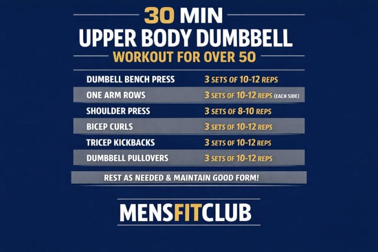infographic of 30 minute upper body dumbbell workout for over 50 sets and reps