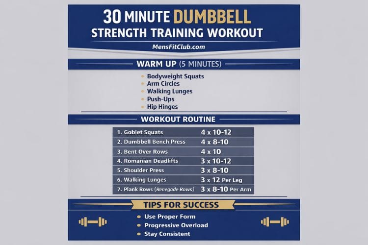 Infographic showing a circuit for a 30 minute dumbbell only strength training workout with sets and reps.