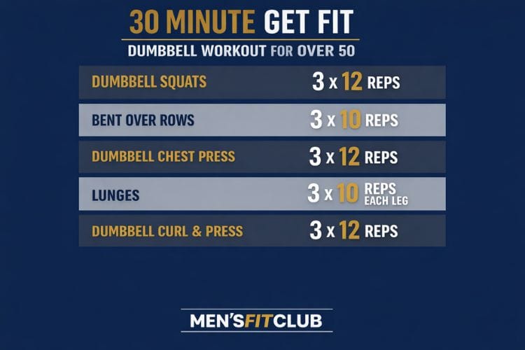 infographic of 30 minute get fit dumbbell workout for over 50 sets and reps