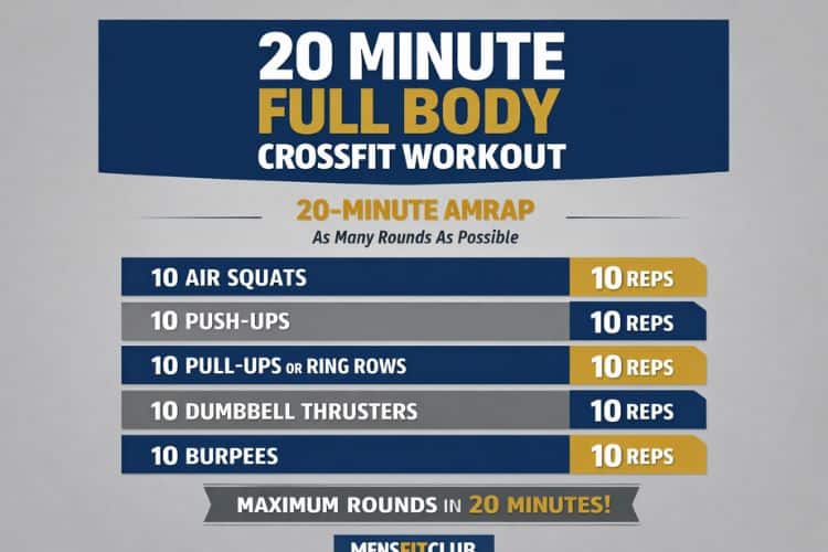 Infographic showing a CrossFit for a 20 minute full body CrossFit workout with sets and reps.