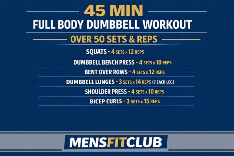 infographic of 45 minute full body dumbbell workout over 50 sets and reps