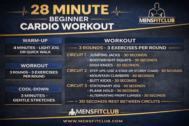 infographic of 28 minute cardio workout designed specifically for beginners.