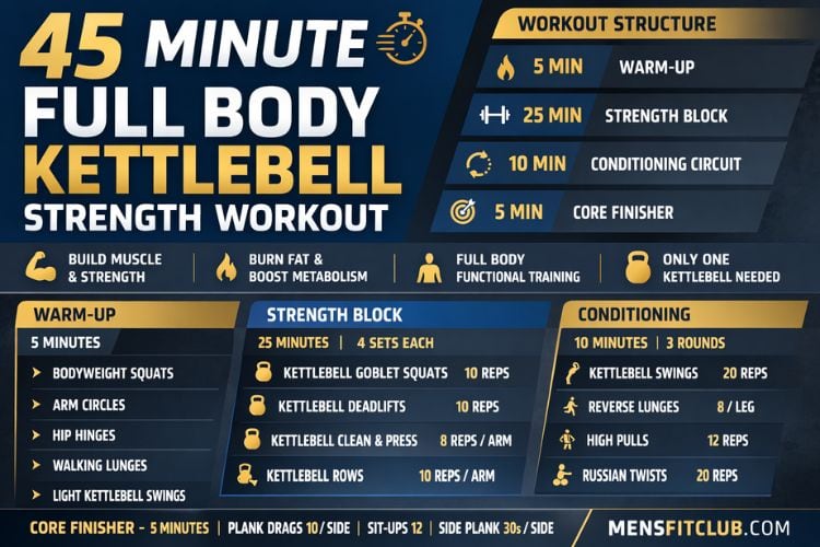 Infographic detailing a 45 minute kettlebell strength training program circuit, including warm-up, main sets, and cool down exercises.