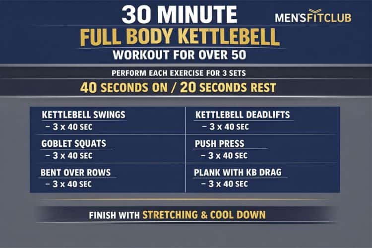 infographic of 30 minute full body kettlebell workout for over 50 sets and reps