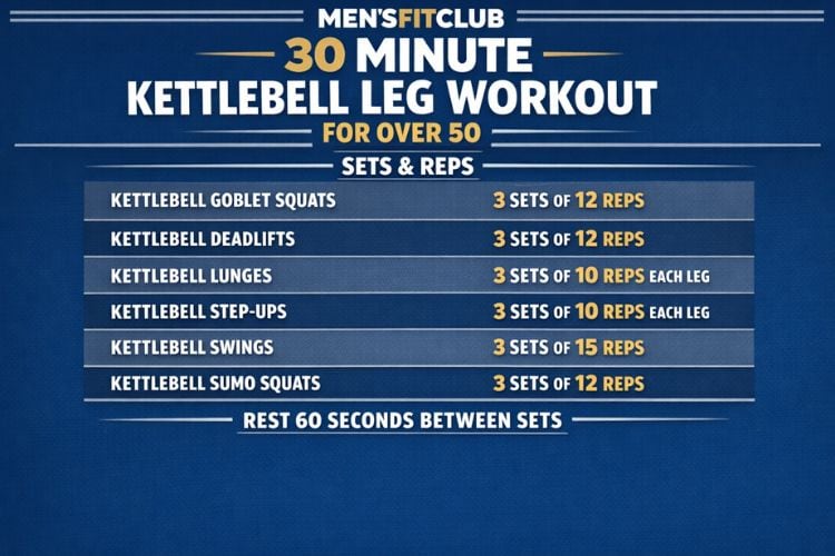 infographic of 30 minute kettlebell leg workout for over 50 sets and reps