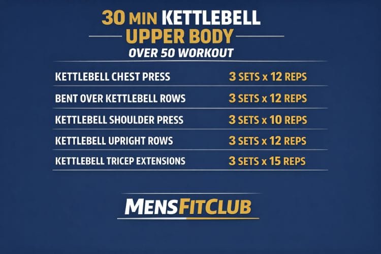 infographic of 30 minute kettlebell upper body over 50 workout sets and reps