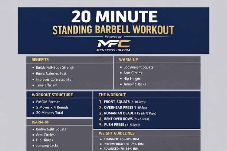 Infographic of a 20 minute standing barbell workout with sets and reps.