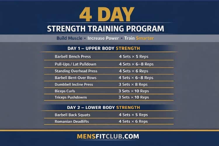 Infographic chart showing a 4 day a week strength training program split featuring an Upper/Lower schedule with Monday Upper A, Tuesday Lower A, Thursday Upper B, and Friday Lower B.